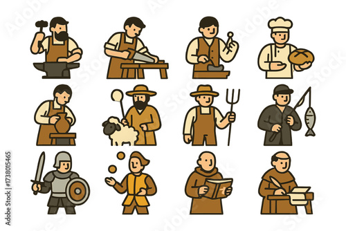 Medieval trades: flat icon collection of historical professions