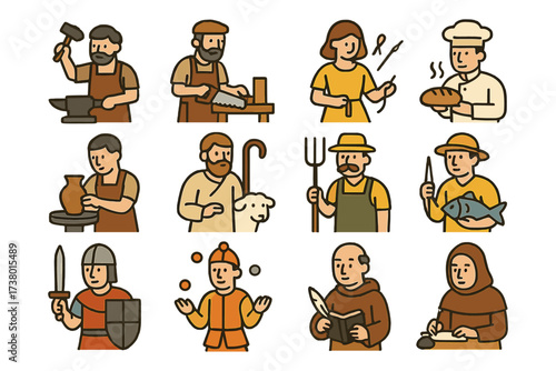 Historic professions: flat design icons depicting traditional occupations