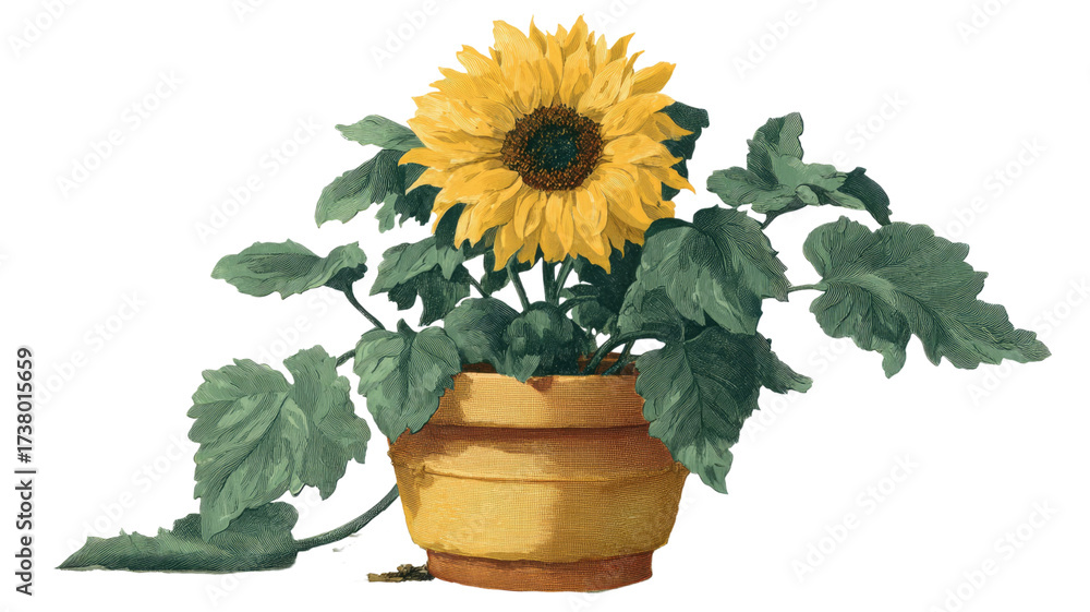 Obraz premium Bright yellow sunflower in decorative ceramic pot with green leaves natural floral houseplant gardening element isolated on white background