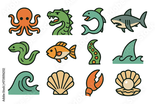 Colorful sea creature icons: collection of marine life symbols for creative projects