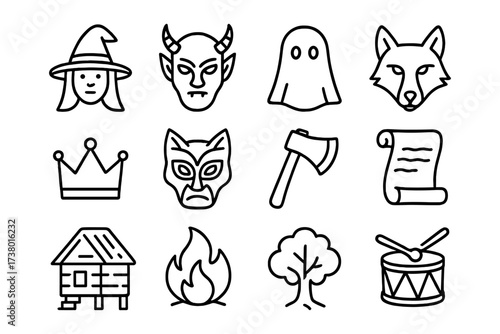Halloween icons: witch, ghost, devil, and more in bold linear style