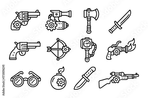 Steampunk icon set featuring weapons and accessories in linear style