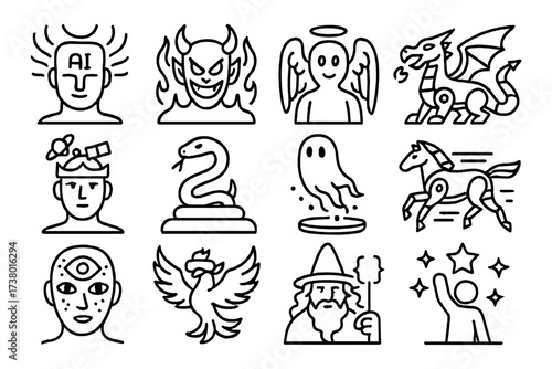 Mythical creatures and fantasy icons in linear style