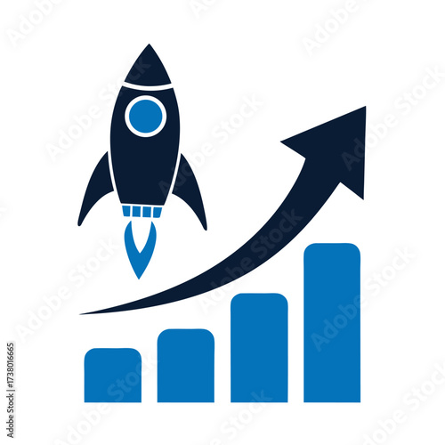 Graph diagram up with rocket icon, business growth success chart with arrow, business bar sign, modern approach to marketing, profit growing symbol, progress bar symbol, start up
