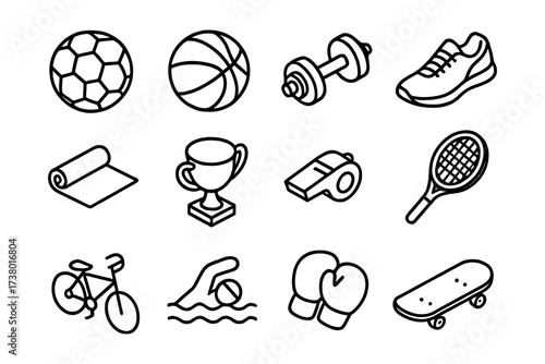 Sports equipment icons set featuring basketball, dumbbell, and trophy in simple black outline style