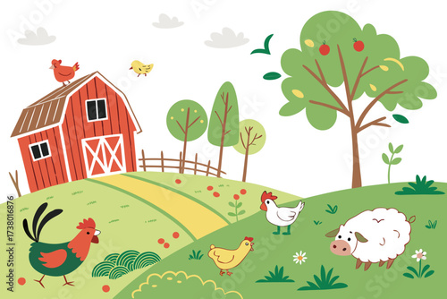 A colorful cartoon farm scene with animals and a barn 1