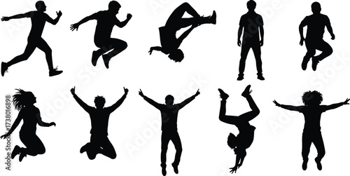 Collection of human silhouettes in jumping and dancing poses, black vector figures, energetic motion design, fitness activity, people movement ment illustration