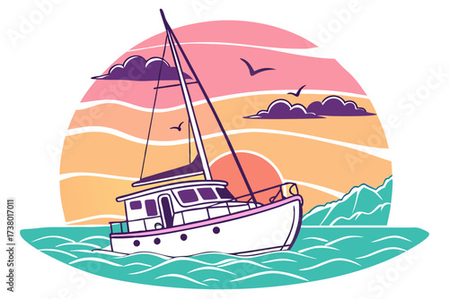 A sailboat glides on turquoise waves at sunset ocean