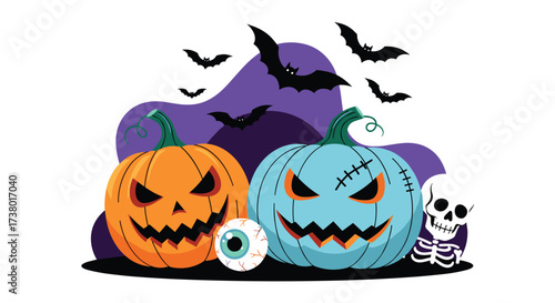 Spooky jack o lanterns and bats for Halloween celebrations.