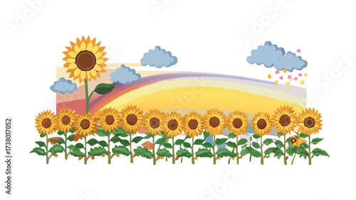 A row of sunflowers under a colorful sky with clouds