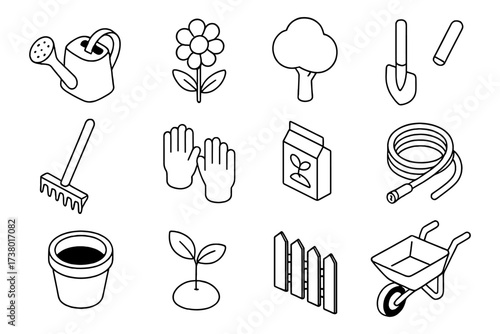 Minimalist gardening tools and plants line art collection