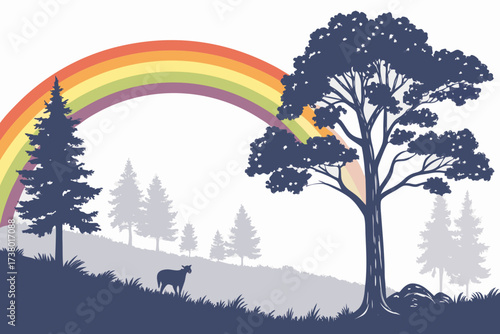 A stylized rainbow arcs over a peaceful forest landscape