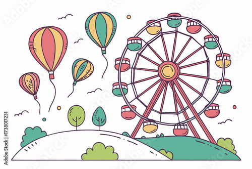 Amusement park with ferris wheel and hot air balloons