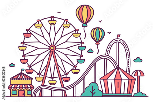 Amusement park with ferris wheel roller coaster and hot air balloons
