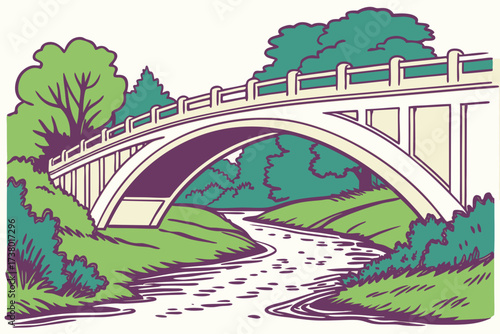Arch bridge over a winding river with green trees water