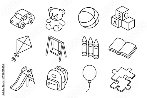 Children's toys and activities set: outline style for playful designs