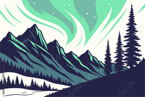 Aurora borealis over dark mountains and pine trees