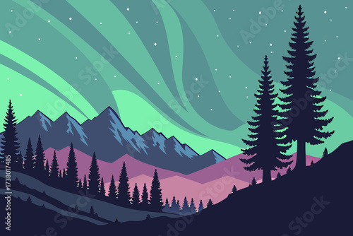 Aurora borealis over pine forest and mountains northern lights
