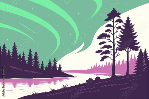 Aurora borealis over tranquil lake and pine forest