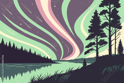 Aurora borealis over tranquil lake with pine trees