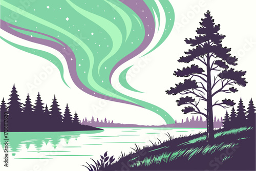 Aurora borealis over tranquil lake and pine forest 2