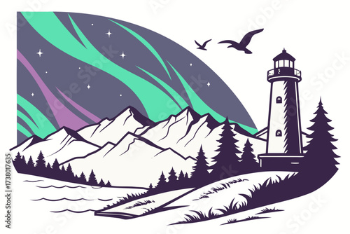 Aurora lights over mountains and lighthouse at night