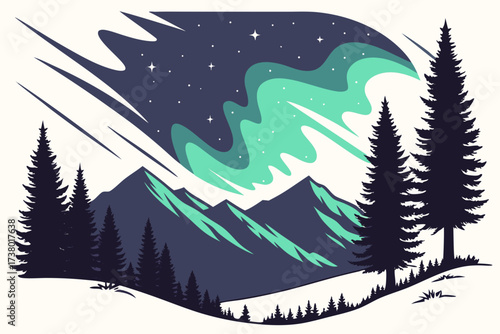 Aurora lights over snowy mountains and pine trees aurora borealis