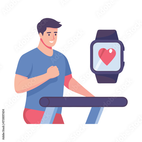 Man exercising on a treadmill with a smartwatch displaying a heart rate