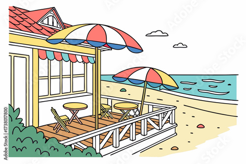 Beach cafe with umbrellas and ocean view seaside tables