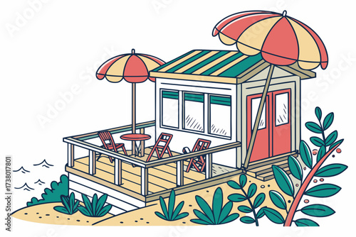 Beach cafe with umbrellas and chairs on a deck seaside