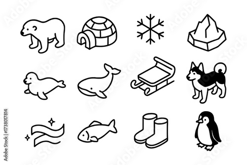 Winter icons collection: arctic animals, snowflakes, and more in black and white outline style