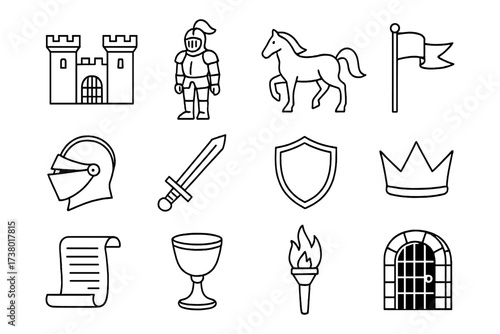 Medieval icons collection: castle, knight, horse, sword, shield, crown, torch
