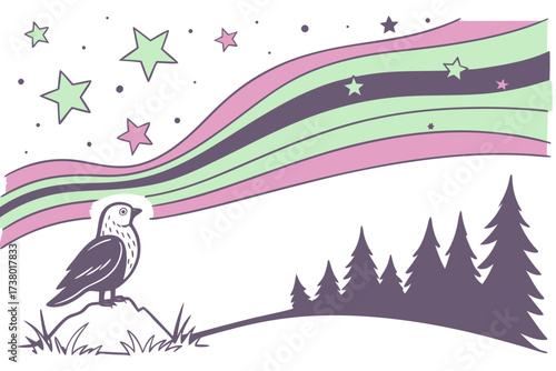 Bird on rock under aurora and stars night sky