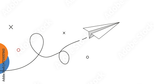 A paper airplane soars through the air leaving a whimsical dotted trail behind it.