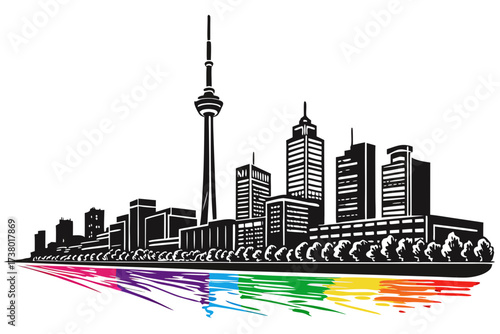 Black and white city skyline reflected in rainbow water