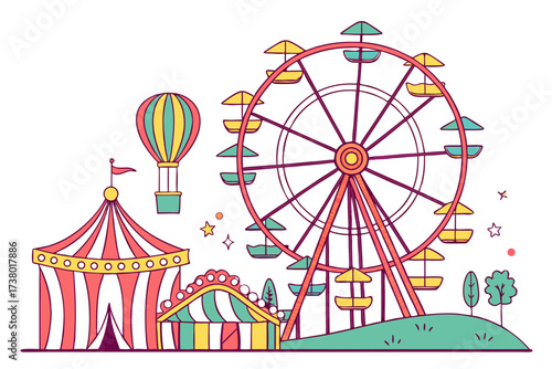 Bright Carnival Scene with Ferris Wheel and Tent hot air balloon