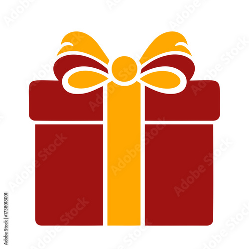 Illustration of a present box with a red body and a yellow ribbon and bow on top of the gift box