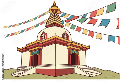 Buddhist stupa with colorful prayer flags art temple