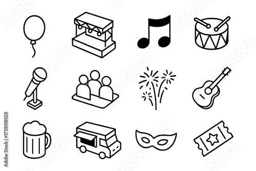 Festival fun: music, food, and entertainment icon set in bold linear style