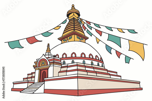 Buddhist stupa with colorful prayer flags temple architecture