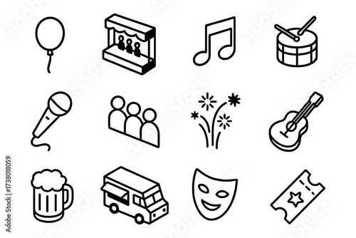 Festival icons set: music, performance, food, and entertainment symbols