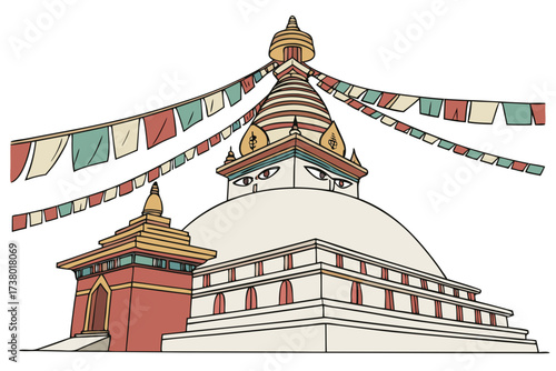 Buddhist stupa with prayer flags and architectural detail