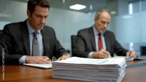 Wallpaper Mural Two Businessmen in Suits Working on Documents in an Office Setting. Torontodigital.ca