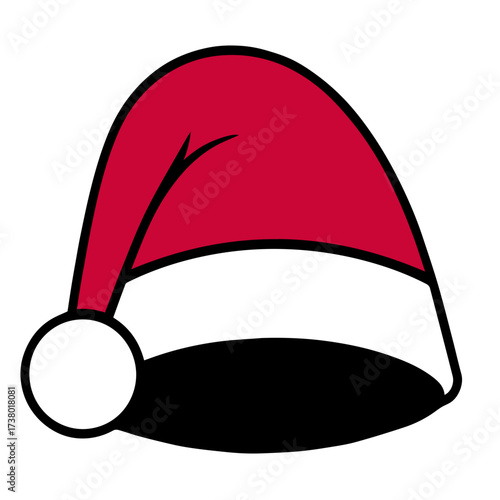 Illustration of a santa hat with a red conical shape white brim and a white pom pom on the left side