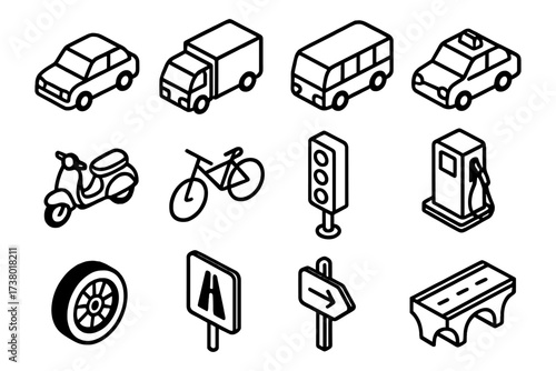 Transportation icons set: isometric black and white designs for urban commuting