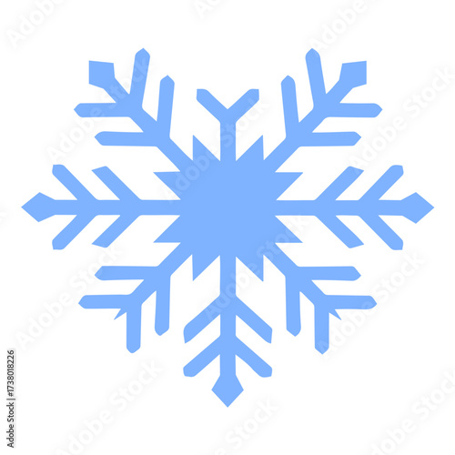 A light blue snowflake with six points and intricate details on a white background is centered here
