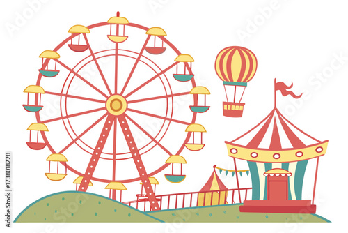 Carnival Ferris Wheel Hot Air Balloon and Tent on White