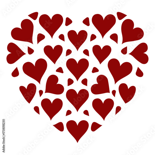 Heart shape composed of smaller red hearts and triangular shapes on a white background design concept