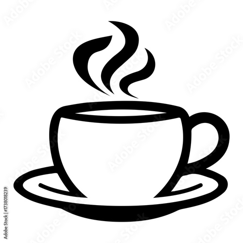 Illustration of a steaming cup of coffee on a saucer with a handle in black and white simple design