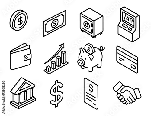 Isometric financial icons: money, banking, and investment essentials